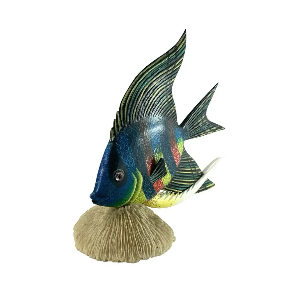 Vintage Nature Crafts Hand Painted Wood Angelfish Sculpture Coral Base 9”